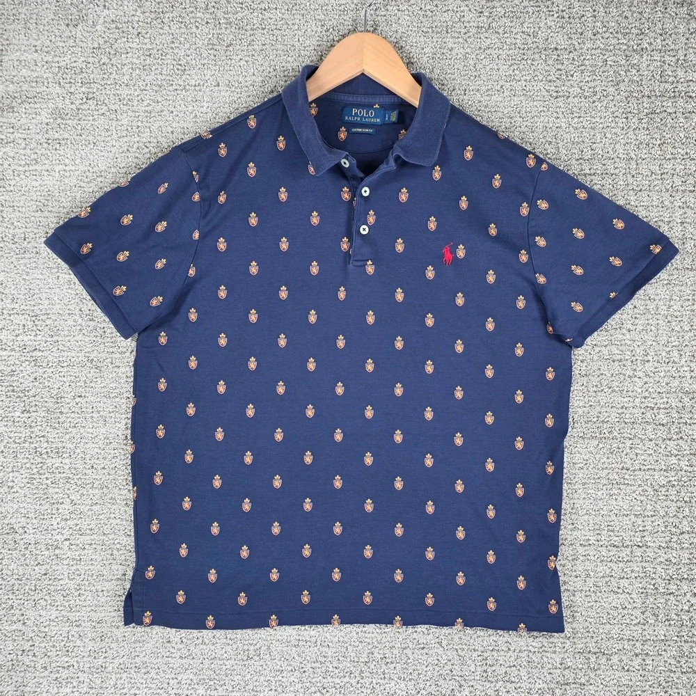 Polo Ralph Lauren Mens Custom Slim Crest Print Shirt Blue Large Performance